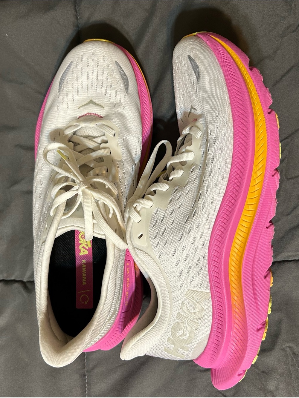 Hoka Kawana Women's White Running Shoes with Pink and Yellow Midsole